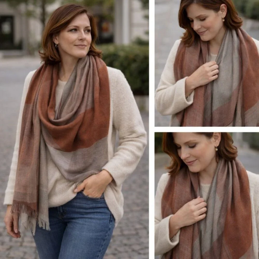 🍂 Bloom & Give Oversized Vintage Woven Shawl / Scarf – Rust, Taupe & Soft Gray
